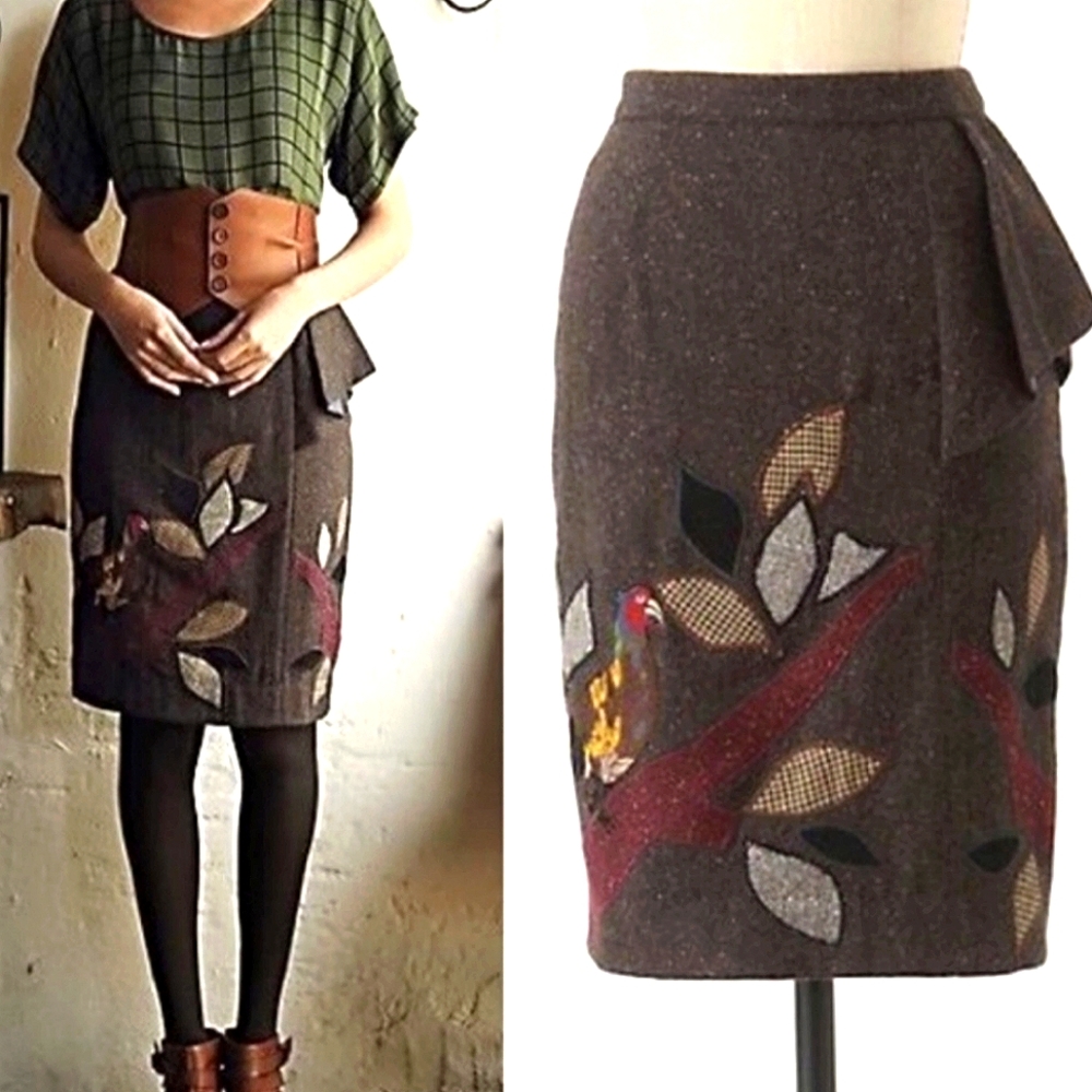 Floreat Tweed Wool Embroidered Bird Pencil Skirt XS - Anthropologie Vintage